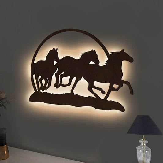 Beautiful Running Horse Backlit Wooden Wall Decor with LED Night Light Walnut Finish
