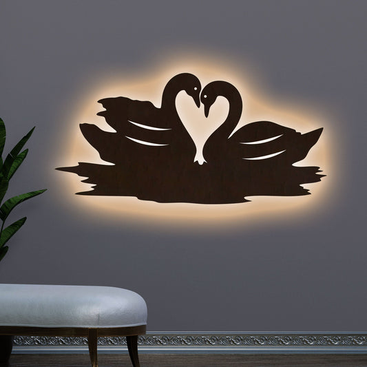 Loving Pair of Swan Backlit Wooden Wall Decor with LED Night Light Walnut Finish