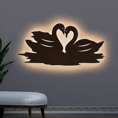 Loving Pair of Swan Backlit Wooden Wall Decor with LED Night Light Walnut Finish