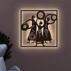 African Women Folk Dance Backlit Wooden Wall Decor with LED Night Light Walnut Finish