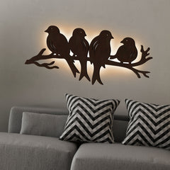 Birds Sitting on Branch Backlit Wooden Wall Decor with LED Night Light Walnut Finish