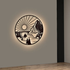 Beautiful Mountain and Rising Sun Scenery Backlit Wooden Wall Decor with LED Night Light Walnut Finish