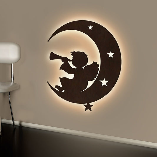 Silhouette Angel Backlit Wooden Wall Hanging with LED Night Light Walnut Finish