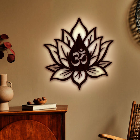 Hindu OM inside Lotus Flower Backlit Wooden Wall Decor with LED Night Light Walnut Finish