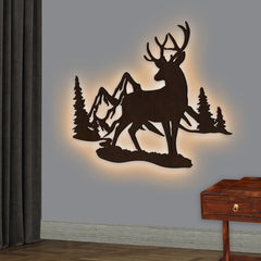 Rustic Forest Deer Backlit Wooden Wall Decor with LED Night Light Walnut Finish