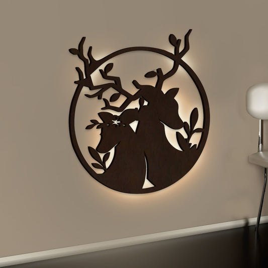 Loving Deer in Round Shaped Backlit Wooden Wall Decor with LED Night Light Walnut Finish