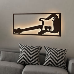 Designer Guitar Backlit Wooden Wall Decor with LED Night Light Walnut Finish