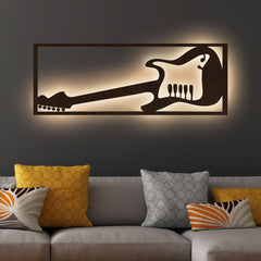 Designer Guitar Backlit Wooden Wall Decor with LED Night Light Walnut Finish