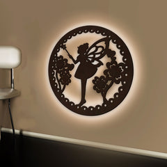 Fairy Butterfly Angel Backlit Wooden Wall Hanging with LED Night Light Walnut Finish