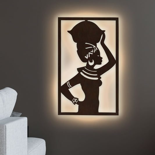 Beautiful African Women Backlit Wooden Wall Hanging with LED Night Light Walnut Finish