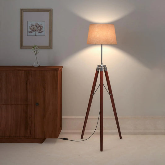 Sleek Tripod Floor Lamp 3 Legs Standing Wooden Natural Brown Polished and Silver with 12 inches Jute Lamp Shade