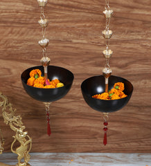 Hanging Black Bowl Urli With Beads Set of 2