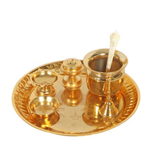 Gold Steel Pooja Thali With Velvet Box