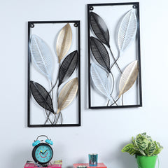 Rectangular Black, Gold, SIlver Leaves Wall Decor Set of 2