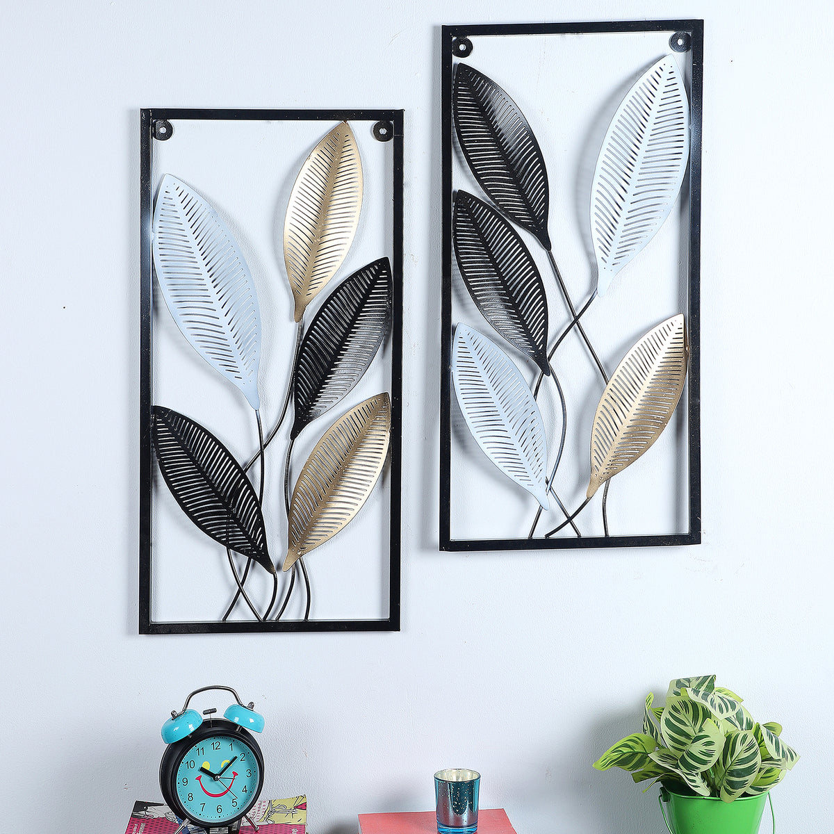 Rectangular Black, Gold, SIlver Leaves Wall Decor Set of 2