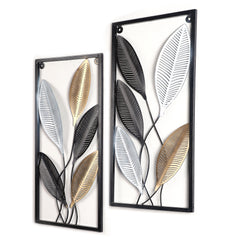 Rectangular Black, Gold, SIlver Leaves Wall Decor Set of 2