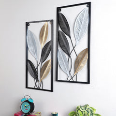 Rectangular Black, Gold, SIlver Leaves Wall Decor Set of 2