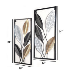 Rectangular Black, Gold, SIlver Leaves Wall Decor Set of 2