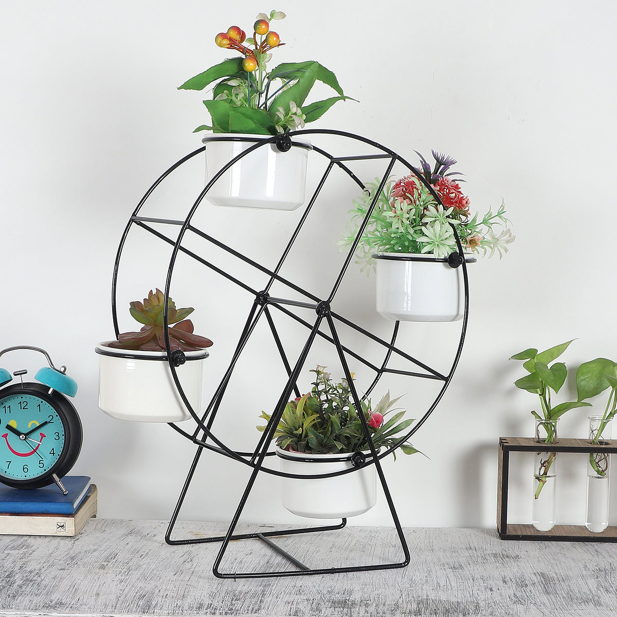 Revolving Wheel Black & White Planter Stand