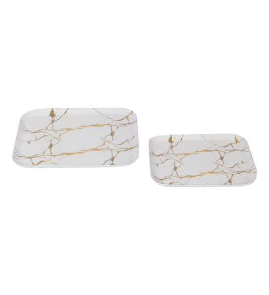 White & Gold Square Metal Platter Set of 2