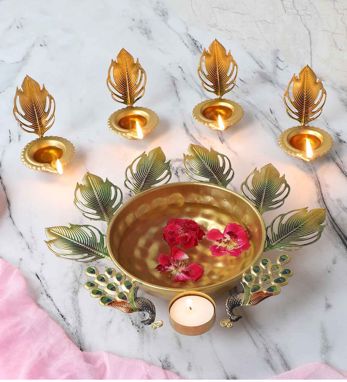 Gren & Gold Peacock Urli With Tealight Holder Set of 5