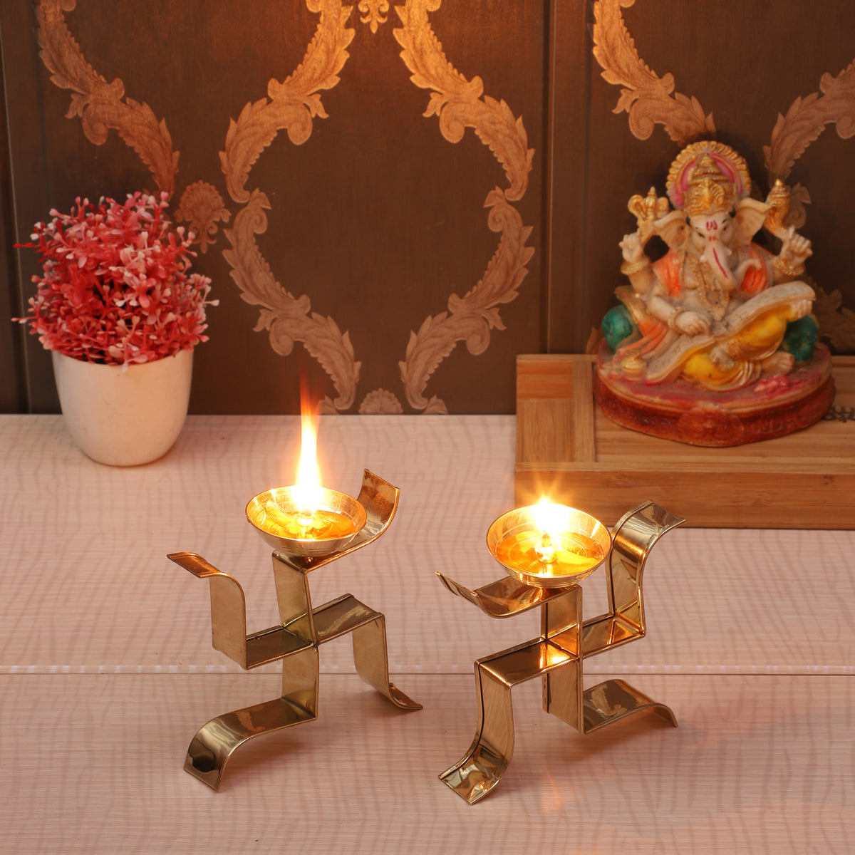 Standing Satiya Brass Akhand Diya Set of 2