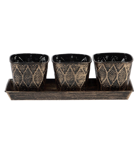 Black & Gold Metal Table Planters with Tray Set of 4