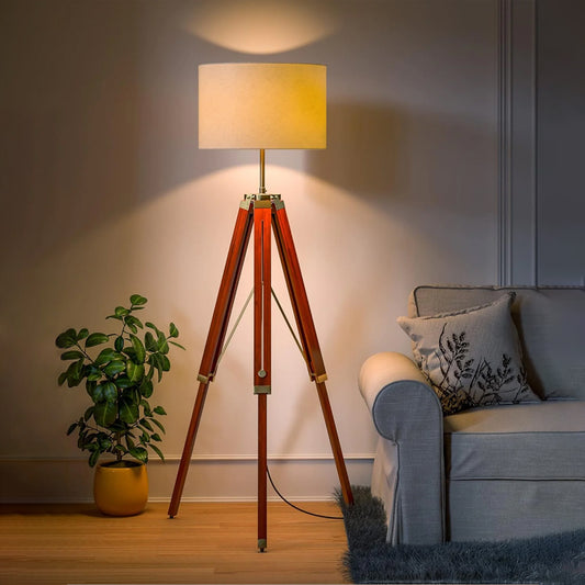 Wooden Tripod Floor Lamp 3 Legs Standing Brown Polished Brass Antique Adjustable 5ft Height with 16 inches Off White Drum Lampshade