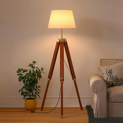 Wooden Tripod Floor Lamp 3 Legs Standing Brown Polished Brass Antique Adjustable 5ft Height with 16 inches Off White Lampshade