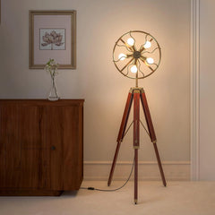 Tripod Floor Lamp Standing with Moveable Wheel 5 Light Fan Wooden Brown Polished and Brass Antique Gold Finish Adjustable 5ft Height