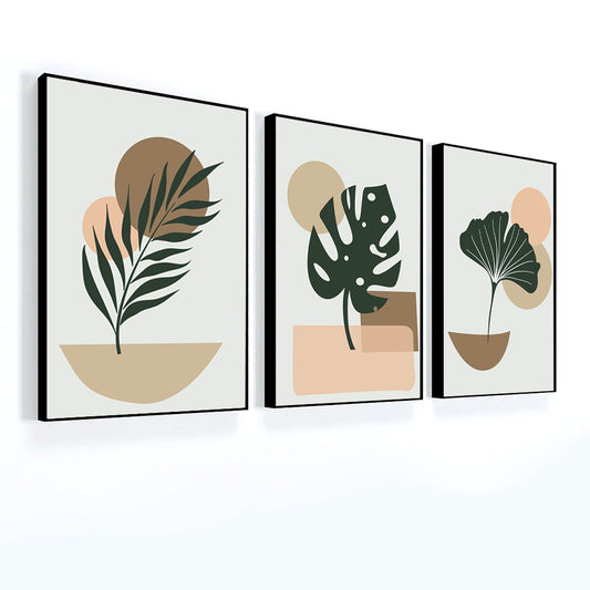 Boho Style Artistic Design of Ginkgo and Monstera Plants Wall Art Set Of 3