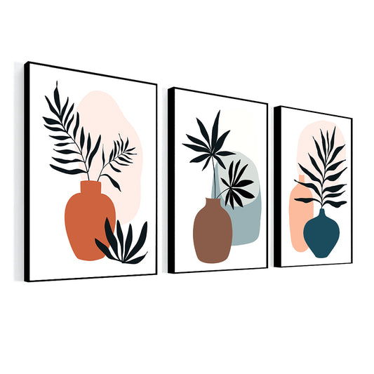 Contemporary Monochrome Art Posters Abstract Geometric Elements, Strokes, Leaves And Berries Set Of 3