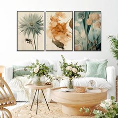 Boho Style Leaves Flowers and Geometric Wall Art Set of 3