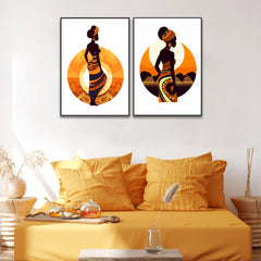 Boho Style Tribal African Girl Wall Art Set of 2