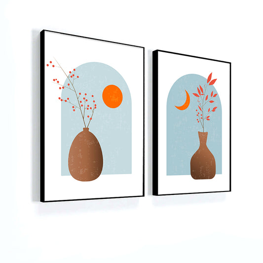 Mid-Century Bohemian Style Abstract Flower and Vase Modern Wall Art Set of 2