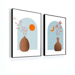 Mid-Century Bohemian Style Abstract Flower and Vase Modern Wall Art Set of 2