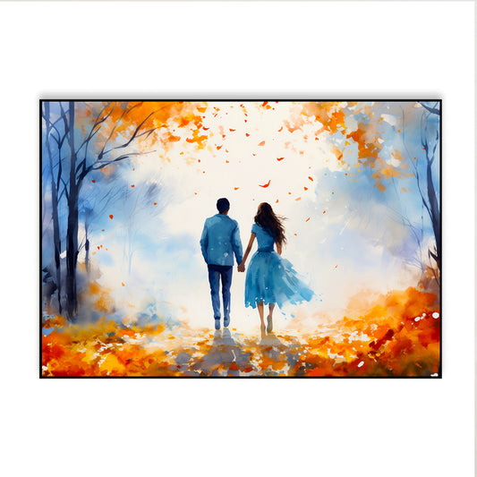 Beautiful Young Couple Walking in Autumn Park Canvas Wall Paintings & Arts