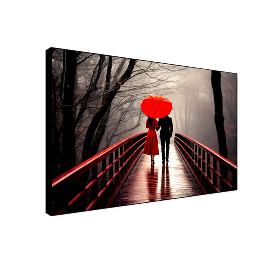 Beautiful Couple with Red Umbrella Under the Rain Canvas Wall Paintings & Arts