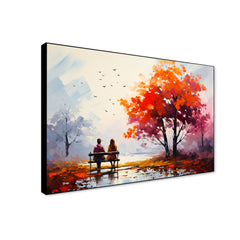 Beautiful Couple Sit on A Bench and Look at The Mountains Canvas Wall Paintings & Arts