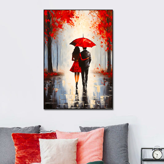 Beautiful Couple Walking Rain Umbrella Black Red Color Palette Holding Hand Wall Paintings & Arts