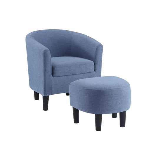 Bluish Grey Comfy Round Back Velvet Chair With Ottoman