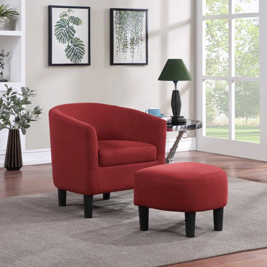 Brick Red Comfy Round Back Velvet Chair With Ottoman