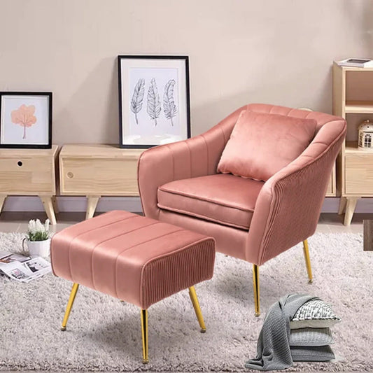 Peach Fluffy Super Comfy Velvet Lounge Chair With Ottoman