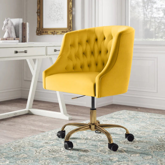 Comfort Back Tufted Yellow PU Foam Armchair With Golden Base