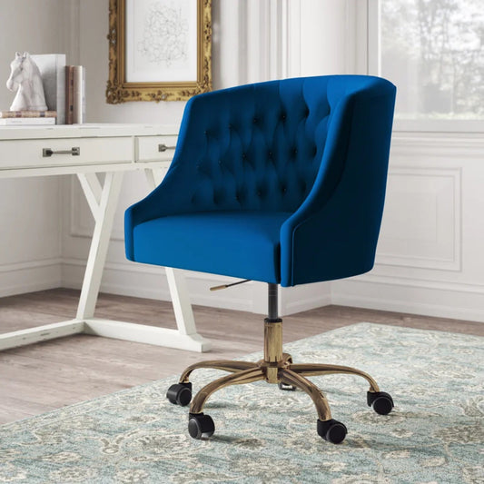 Comfort Back Tufted Blue PU Foam Armchair With Golden Base