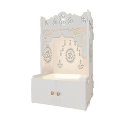 Holy Symbol Om Chakra Floor Temple with Spacious Wooden Shelf & Inbuilt Focus Light- White Finish