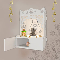 Designer Holy Symbol Om White MDF Wood Temple with Inbuilt Focus Light & Spacious Shelf