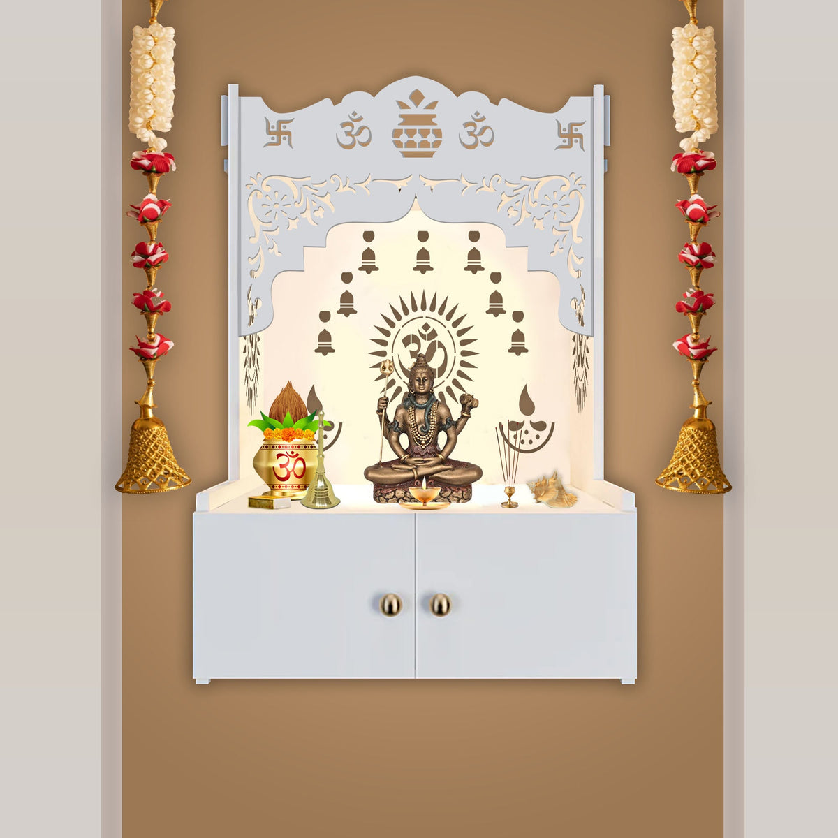 Designer Holy Symbol Om White MDF Wood Temple with Inbuilt Focus Light & Spacious Shelf