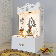 Beautiful Lotus Pattern Floor Temple with Spacious Wooden Shelf & Inbuilt Focus Light- White Finish