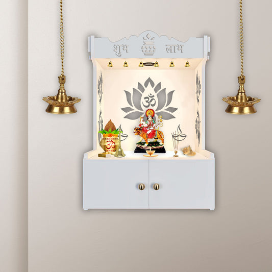 Beautiful Lotus Pattern White Wooden Wall Temple for Home With Inbuilt focus Lights & Spacious Shelf